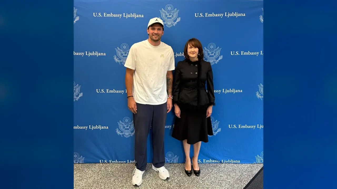 Luka Doncic: Slovenian basketball player Luka Dončić with Asel Roberts, the ambassador of the United States to Slovenia, at the US embassy in Ljubljana.