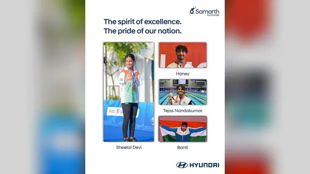 Hyundai Samarth poster showing Sheetal Devi, Haney, Tejas Nandakumar and Banti with their Asian Para Games 2026 medals